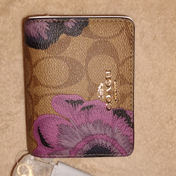 COACH 🇺🇲Mini Wallet in Signature Canvas with purple Kaffee Fassett Print hand - Picture 10 of 16